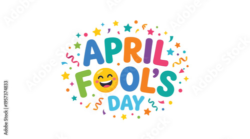 Vibrant april fools day graphic with colorful confetti and smiling emoji