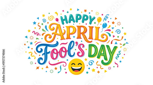 Vibrant april fools day graphic with colorful confetti and emoji