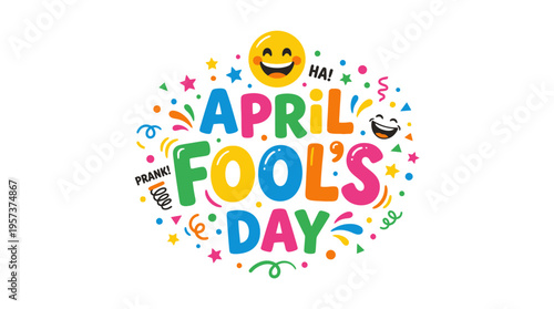 Vibrant april fools' day graphic with smiley face and colorful text