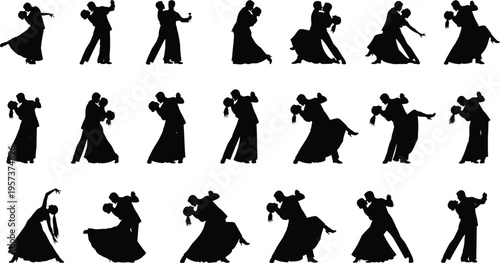 Ballroom, dance, silhouettes, couple, elegant, poses, waltz, tango, dancers, romance, movement, performance, classic, partners, graceful, black, isolated, vector, illustration, set