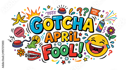Vibrant april fools' day graphic with colorful text and emoticons