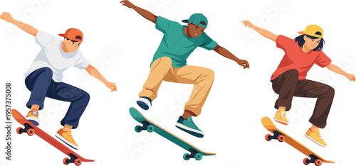 Young skateboarders performing tricks, urban street sport activity, diverse skaters jumping with boards, youth lifestyle illustration, extreme sport concept