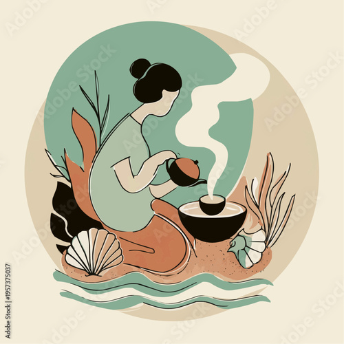 Flat vector illustration of a woman performing a tea ritual on a beach, perfect for eco-friendly promotions, wellness blogs, or relaxation themes.