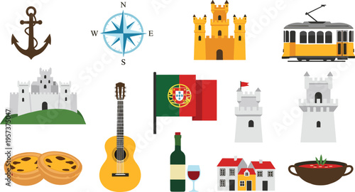 Portugal Travel Icons Set with Lisbon Tram, Portuguese Flag, Guitar, Wine, Landmarks, Compass, Anchor and Traditional Food Vector Illustration Collection