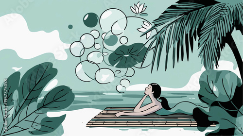 Flat vector illustration of a woman relaxing mindfully on a beach, perfect for wellness blogs, travel promotions, or meditation guides.