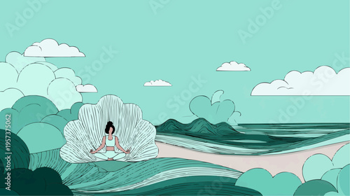 Flat vector illustration of a woman meditating on a serene beach, perfect for wellness apps, mindfulness guides, or relaxation promotions.
