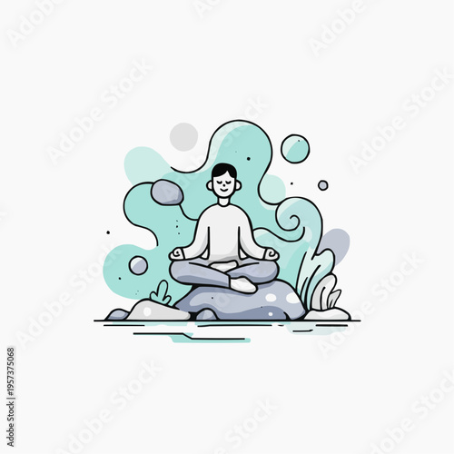 Flat vector illustration of a man meditating on a rock, suitable for wellness apps, mindfulness websites, or health-related promotions.