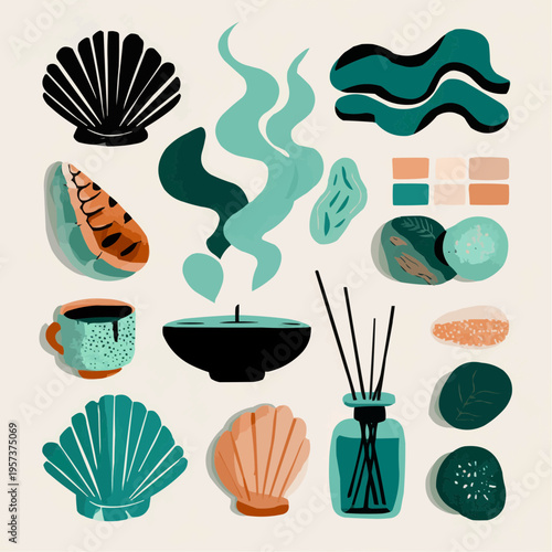Flat vector illustration of a wellness beach clipart set with seashells, a candle, and a diffuser, perfect for spa promotions, relaxation guides, or beauty product packaging.