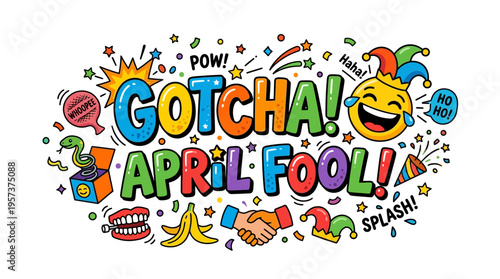 Vibrant april fools' day graphic with colorful text and emoticons