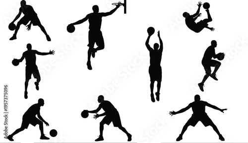 Basketball, silhouettes, players, action, dribble, dunk, jump, shot, sport, athletes, motion, fitness, training, competition, team, isolated, black, vector, illustration, set