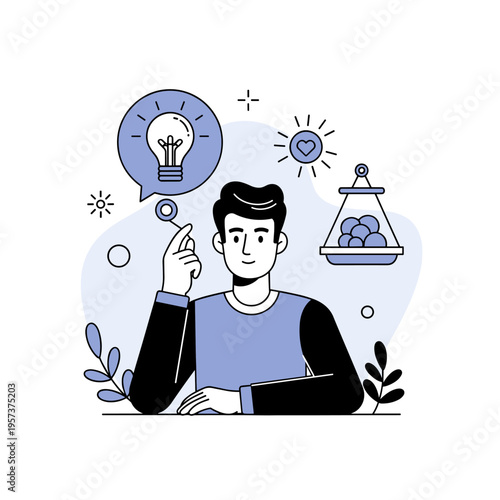 Young caucasian male with creative idea and motivation objects in minimalist vector art