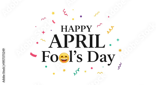Happy april fools day celebration with confetti and smiling face emoji