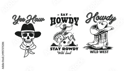 Western cowboy hat and boots vector illustration set with wild west phrases