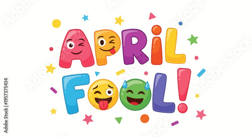 Colorful april fool's day graphic with emoticon letters