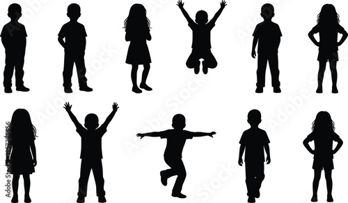 Children, silhouettes, kids, standing, poses, boys, girls, childhood, people, collection, isolated, black, vector, illustration, set, playful, casual, character, figures, design