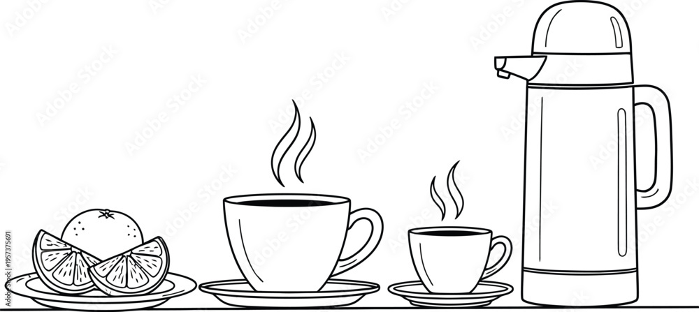Obraz premium Silhouette of coffee setup with thermos and cup isolated on transparent background