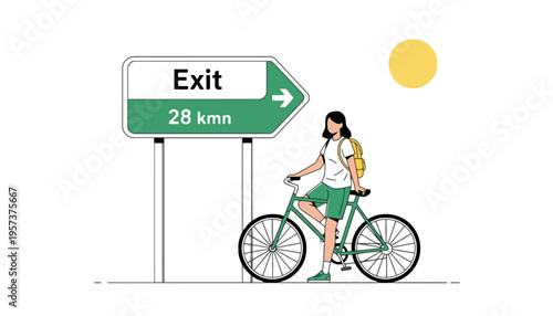 A woman riding bicycle near an exit sign on a sunny day