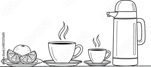 Silhouette of coffee setup with thermos and cup isolated on transparent background