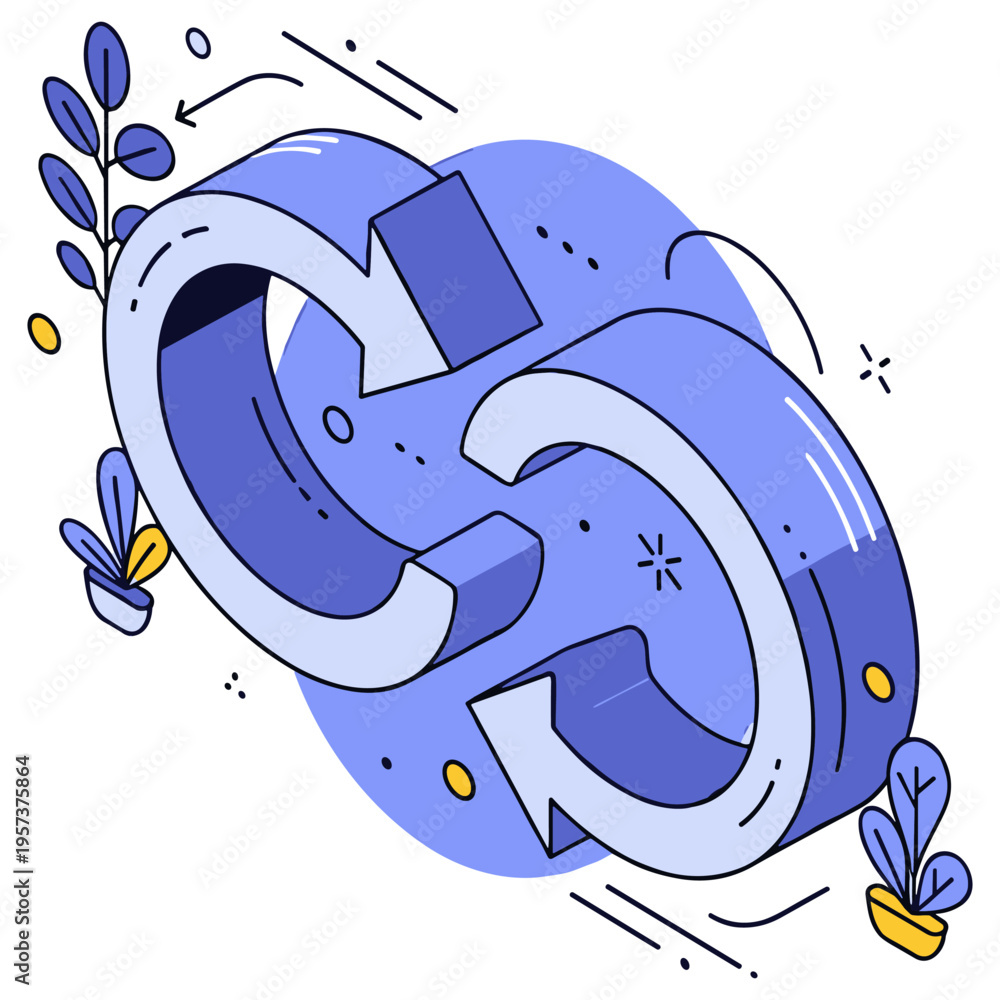 Fototapeta premium Blue circular arrows with plants and abstract design elements