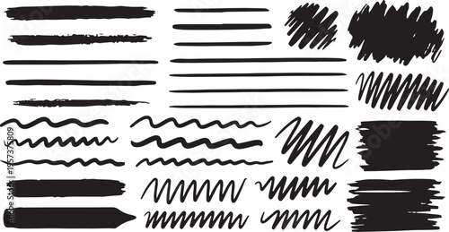 Hand-drawn sketch brush strokes and lines in various thicknesses and styles. Great for design accents, underline effects, and artistic text highlights