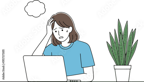 A frustrated woman sitting with laptop and potted plant nearby