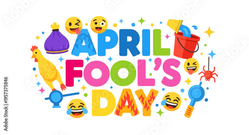 Vibrant april fools' day graphic with emoticons and party symbols