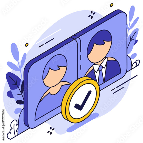 Cartoon style portraits of businesswoman and businessman with check mark icon