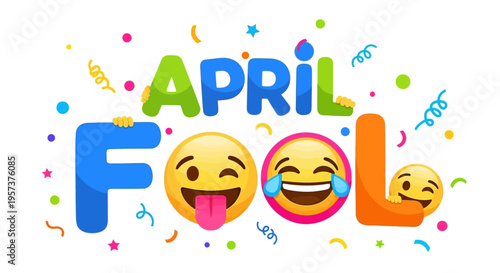 April fool's day colorful celebration with laughing emojis and confetti