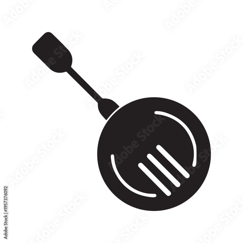 Black silhouette of a spatula flipping a golden brown pancake isolated on white background