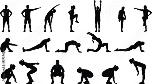 fitness, workout, stretching, exercise, warmup, mobility, training, athlete, flexibility, routine, bodyweight, silhouette, healthy, active, gym, yoga, movement, strength, conditioning, lifestyle