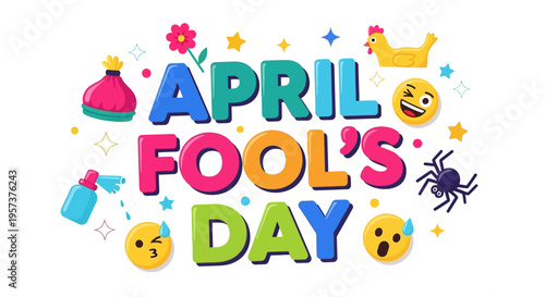 Vibrant april fools' day graphic with colorful text and emojis