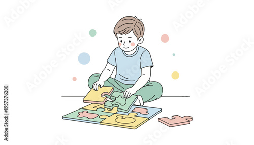A boy playing with a colorful puzzle on the floor at home