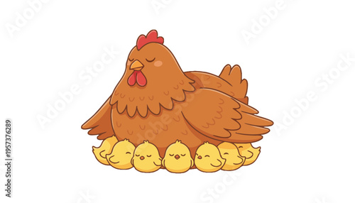A mother hen sitting with her adorable little chicks illustration