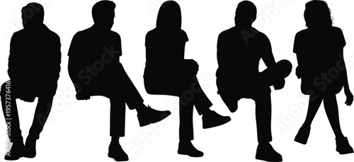 Group, of, five, people, silhouettes, sitting, isolated, on, white, background, diverse, poses, casual, posture, minimal, shadow, concept, teamwork, waiting, anonymous