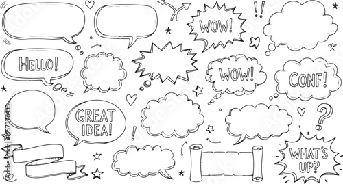 Chalky hand drawn crayon speech bubble collection for creative communication and design projects Hand drawn doodle speech bubbles and comic text expressions