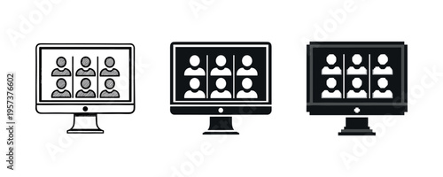 Virtual meeting icons: three monitors with video conference symbols