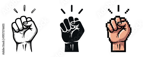 Illustrated raised fist motifs in black, white, and pixel styles symbolizing unity