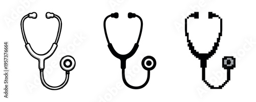 Three varied stethoscope designs: hand-drawn, vector, pixel art