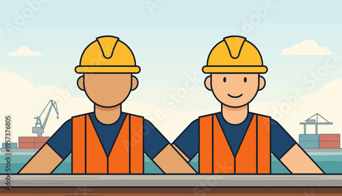 Two male construction or port workers in hard hats and safety vests, standing against a harbor with shipping containers and cranes