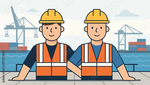 Reliable male port workers in safety attire embody teamwork and efficient operations at a busy shipping harbor, essential for robust global logistics and seamless trade