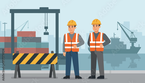 Two construction workers wearing hard hats and safety vests stand in front of a shipping port with cranes and containers