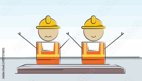 Two construction workers in hard hats and safety vests, one looking sad, the other happy, standing on a wooden plank illustration