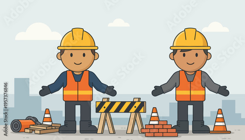 Two friendly construction workers in safety gear standing proudly at a building site amidst tools and materials, ready for work