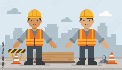 Two diverse cartoon male construction workers with hard hats and safety vests standing on a building site, representing urban development and civil engineering projects