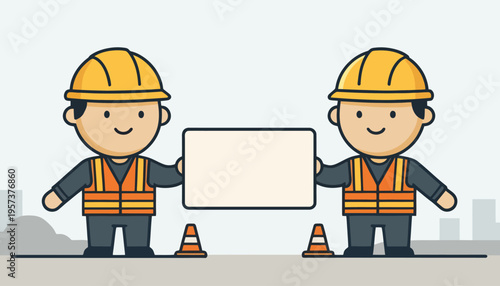 Construction workers holding a blank sign, illustrating a concept of industrial work and safety procedures on a building site
