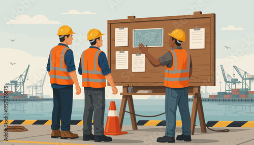 Construction workers in orange vests and hard hats discuss plans on a bulletin board at a dockside construction site with cranes in the background