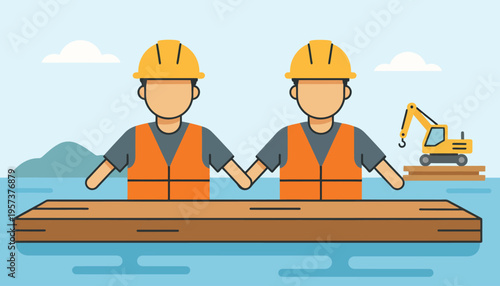 Two construction workers in hard hats and safety vests holding hands across wooden beams in the water with a crane in the background