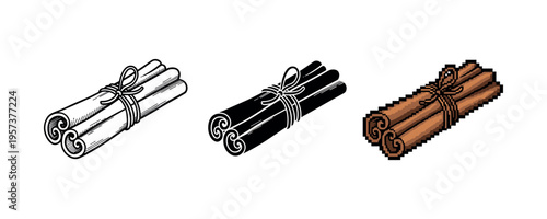 Cinnamon sticks in three styles: realistic, black and white, pixel art