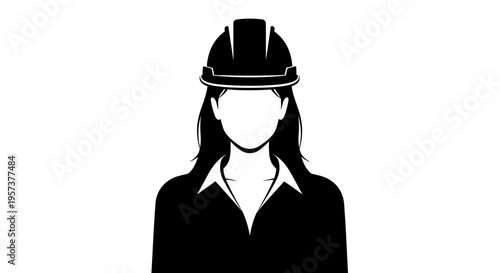 Silhouette of a professional female engineer in a safety hard hat on isolated white background.