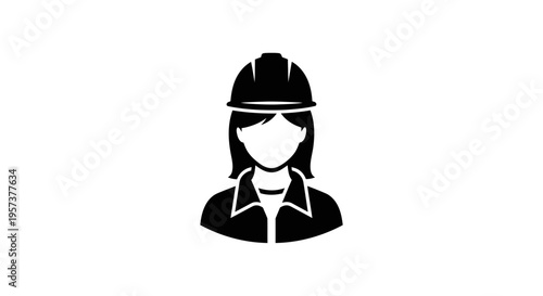Female Construction Worker or Engineer Icon Wearing Hard Hat on Isolated White Background